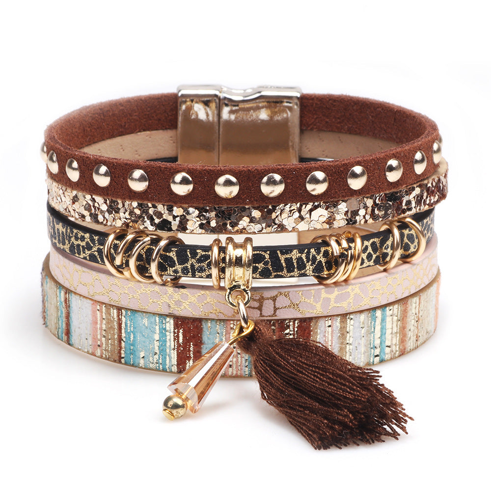 Wholesale Fashion Multi-layer Tassel Leather Magnetic Buckle Bracelet